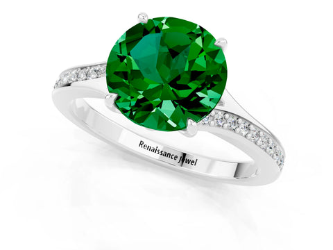 White gold Round Cut Emerald Solitaire Ring with Pavé Band and Prong Setting_13