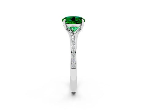 White gold Round Cut Emerald Solitaire Ring with Pavé Band and Prong Setting_14