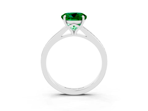 White gold Round Cut Emerald Solitaire Ring with Pavé Band and Prong Setting_15