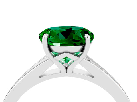 White gold Round Cut Emerald Solitaire Ring with Pavé Band and Prong Setting_16