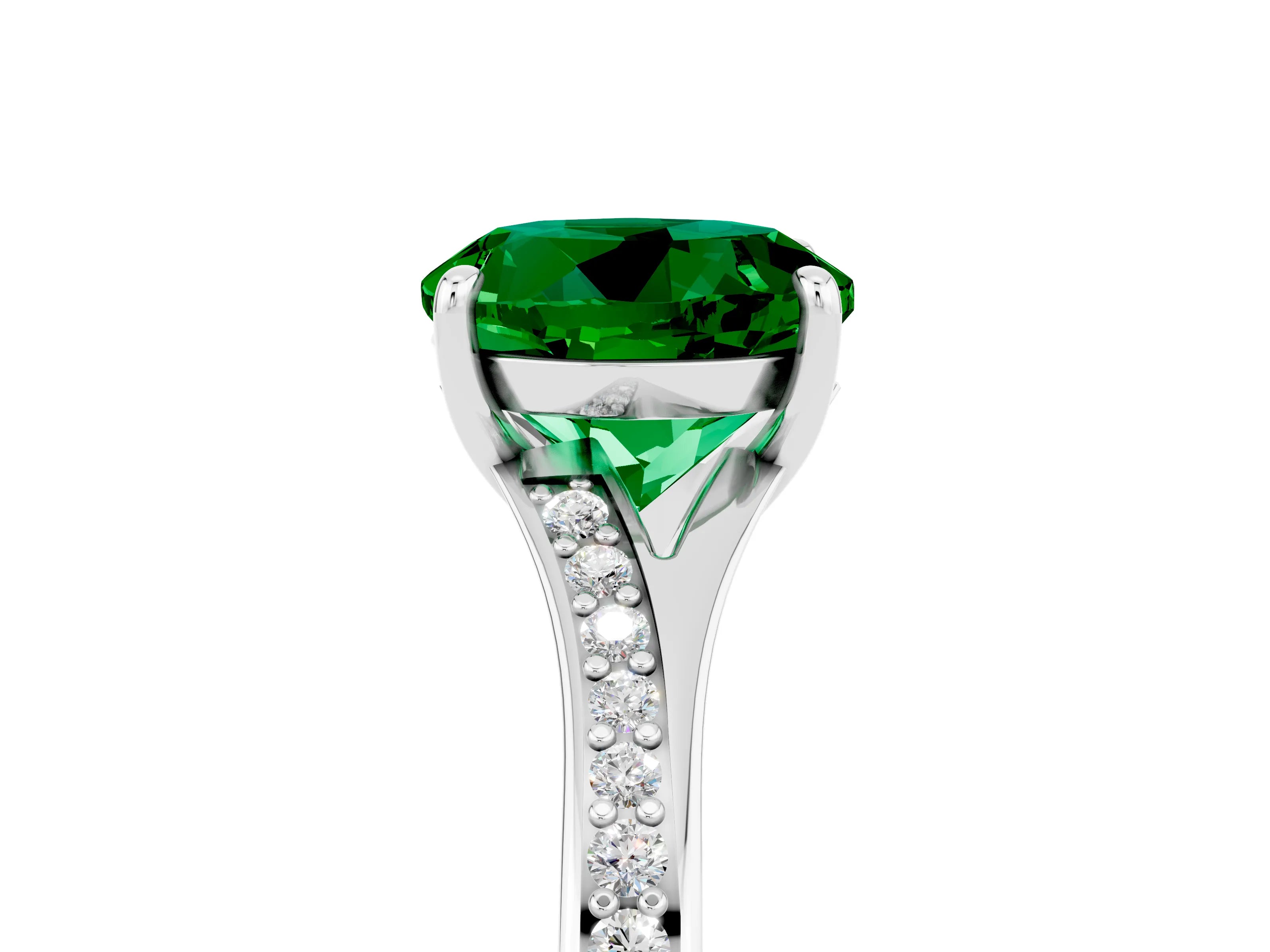 White gold Round Cut Emerald Solitaire Ring with Pavé Band and Prong Setting_17