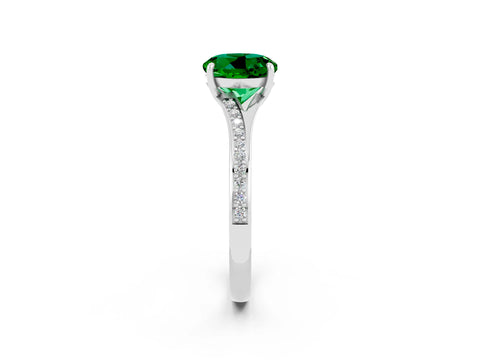 White gold Round Cut Emerald Solitaire Ring with Pavé Band and Prong Setting_2