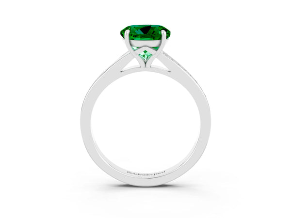 Silver Round Cut Emerald Solitaire Ring with Pavé Band and Prong Setting