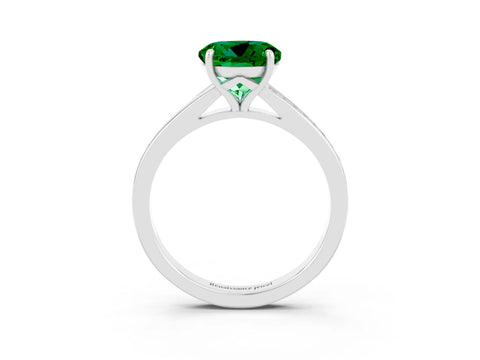 White gold Round Cut Emerald Solitaire Ring with Pavé Band and Prong Setting_3