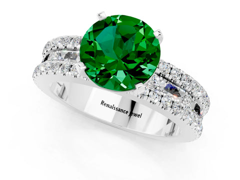 White gold Round Cut Emerald Solitaire Ring with Pavé and Channel Set Band_1