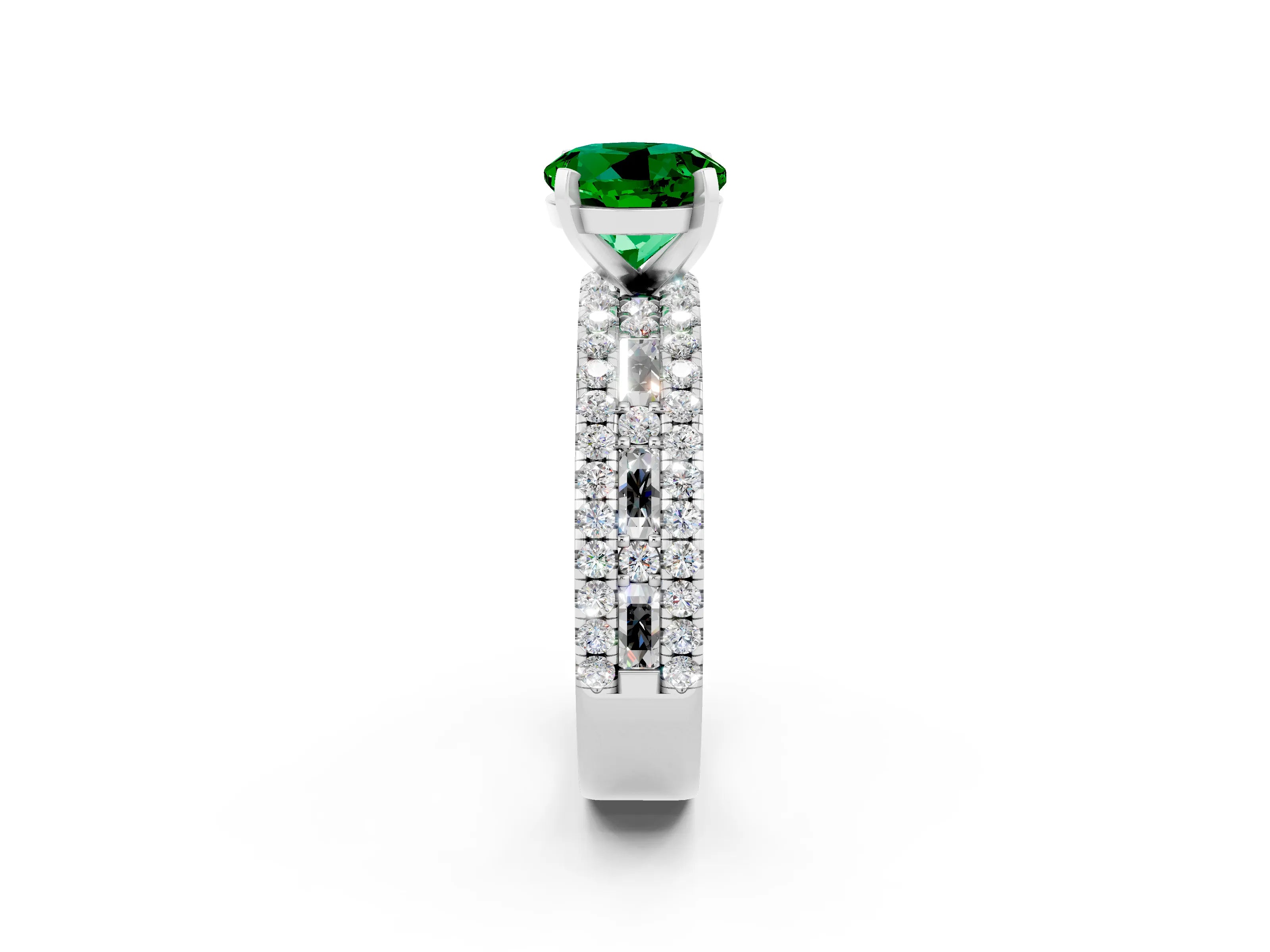 White gold Round Cut Emerald Solitaire Ring with Pavé and Channel Set Band_2