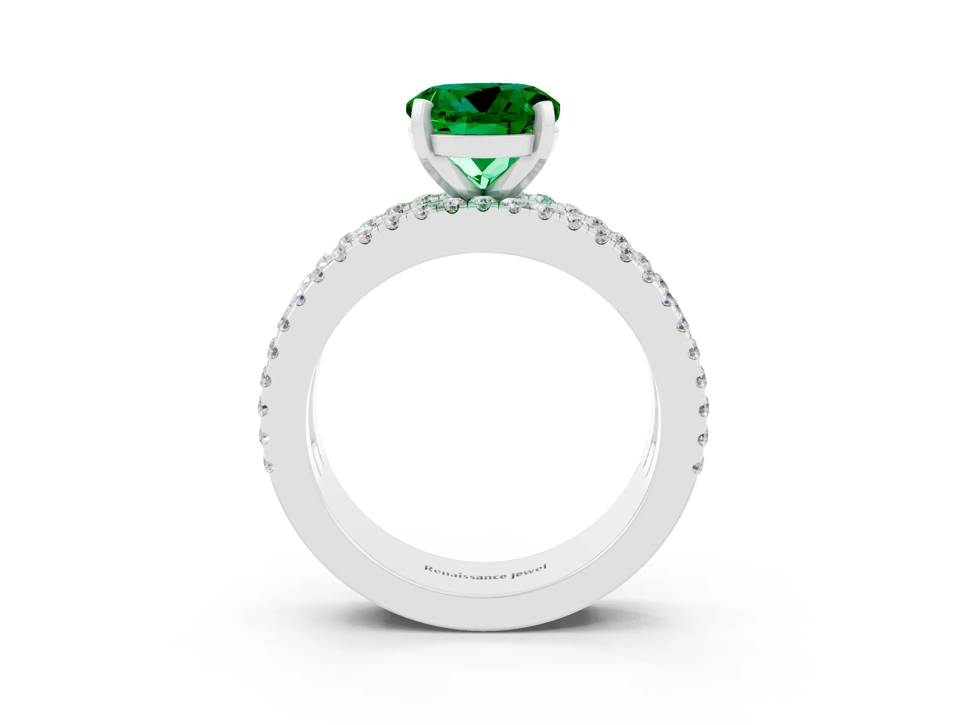 White gold Round Cut Emerald Solitaire Ring with Pavé and Channel Set Band_3