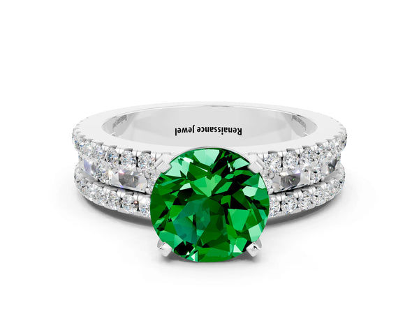 Silver Round Cut Emerald Solitaire Ring with Pavé and Channel Set Band