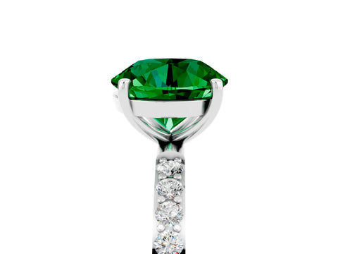 White gold Round Cut Emerald Solitaire Ring with Pave Band and Four Prong Setting_17