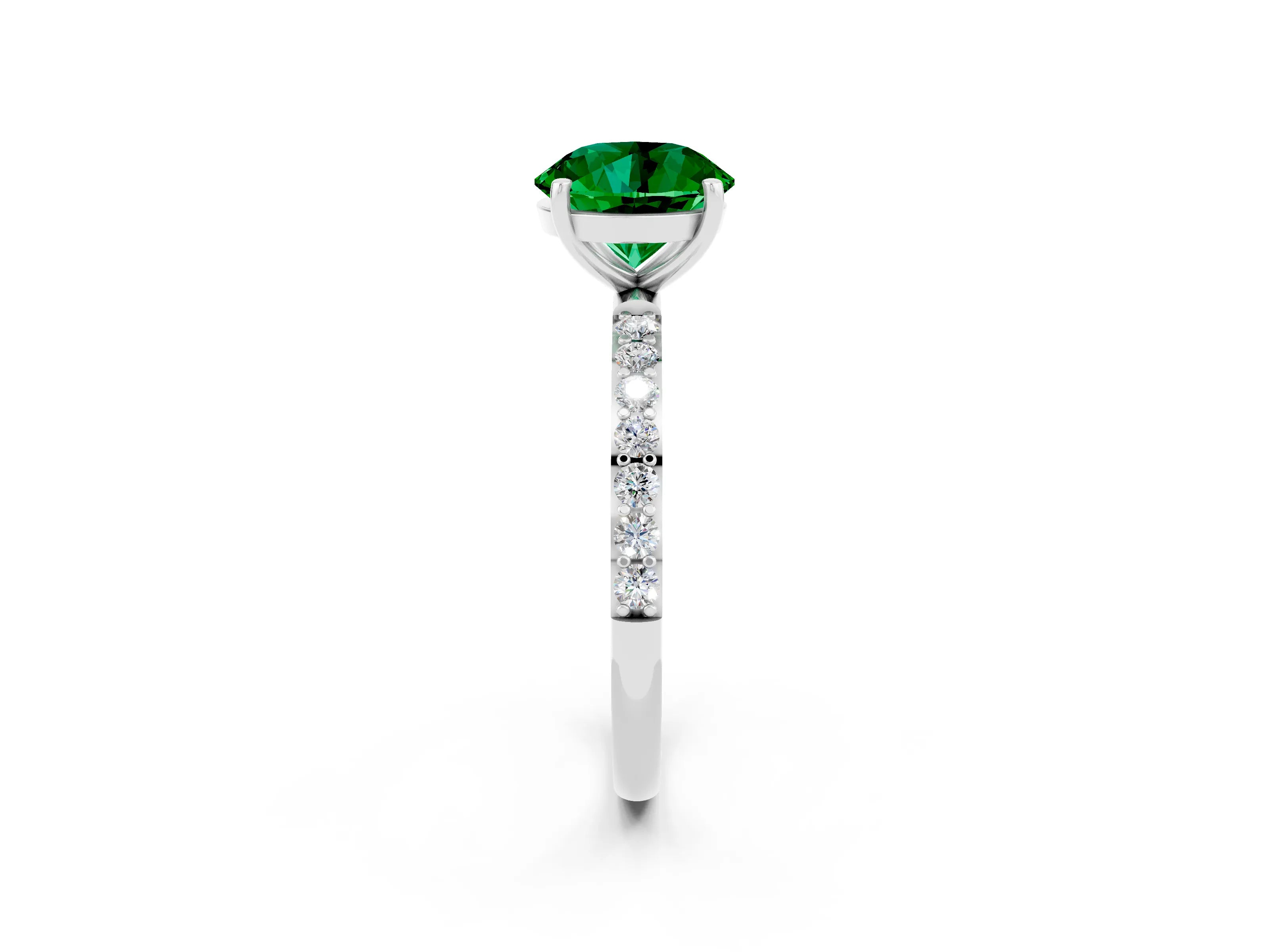 White gold Round Cut Emerald Solitaire Ring with Pave Band and Four Prong Setting_26