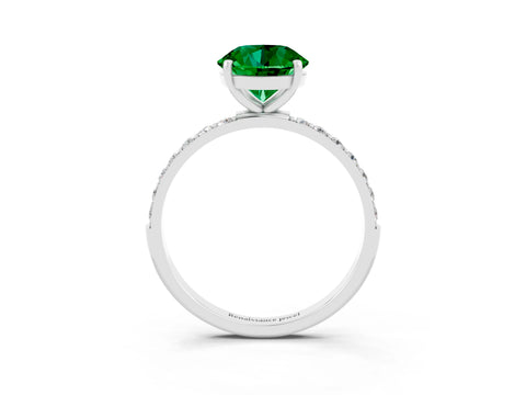 White gold Round Cut Emerald Solitaire Ring with Pave Band and Four Prong Setting_27