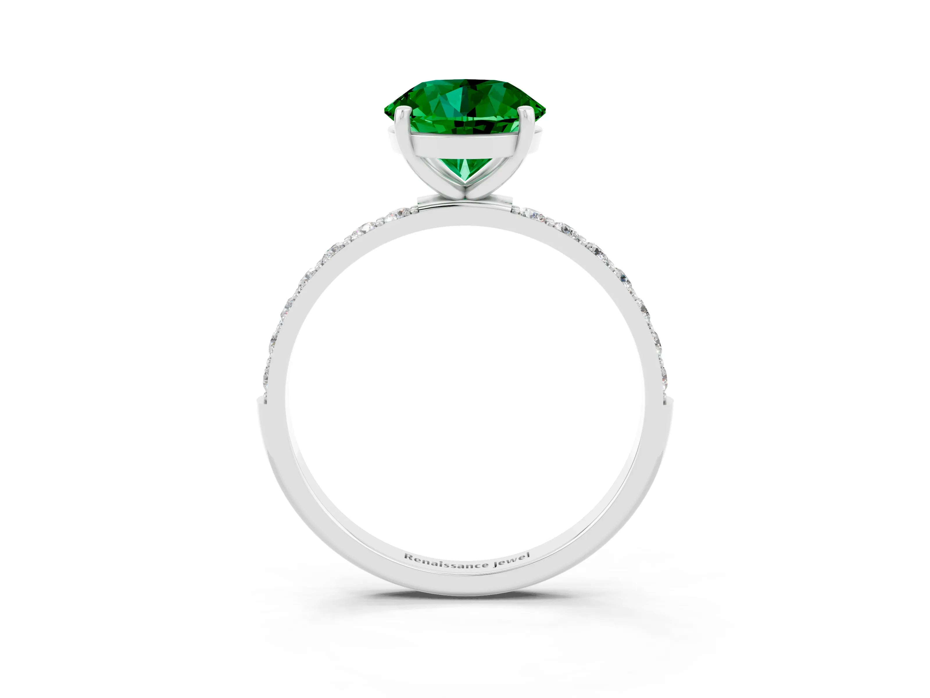 White gold Round Cut Emerald Solitaire Ring with Pave Band and Four Prong Setting_27