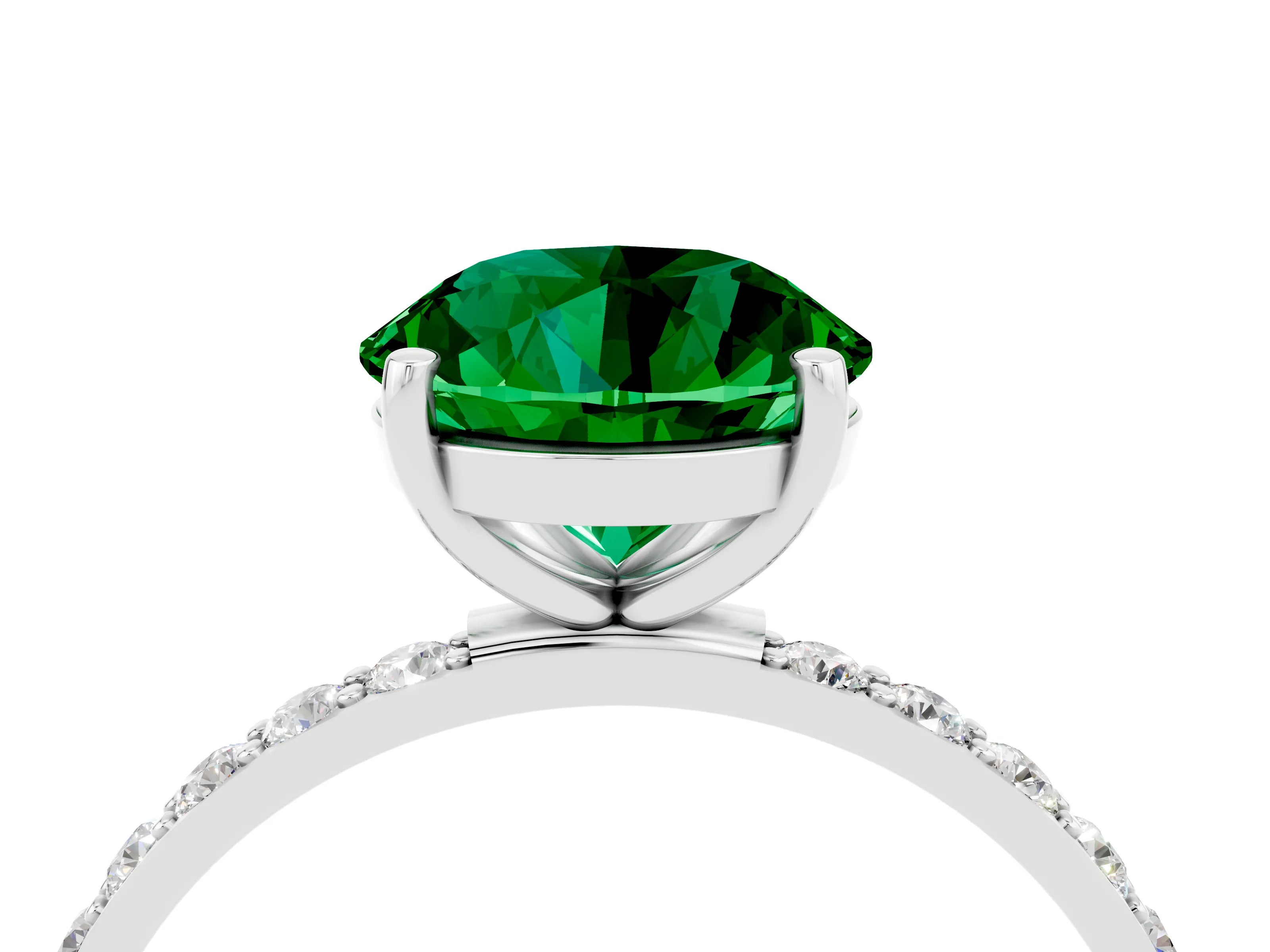 White gold Round Cut Emerald Solitaire Ring with Pave Band and Four Prong Setting_28