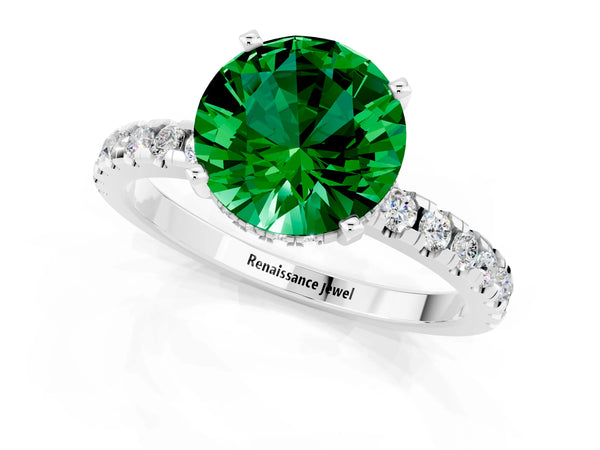 White gold Round Cut Emerald Solitaire Ring with Round  Pavé Band and Four-Prong Setting