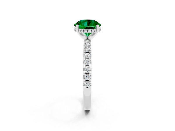 White gold Round Cut Emerald Solitaire Ring with Round  Pavé Band and Four-Prong Setting