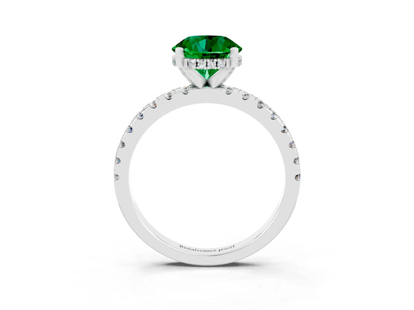 White gold Round Cut Emerald Solitaire Ring with Round  Pavé Band and Four-Prong Setting