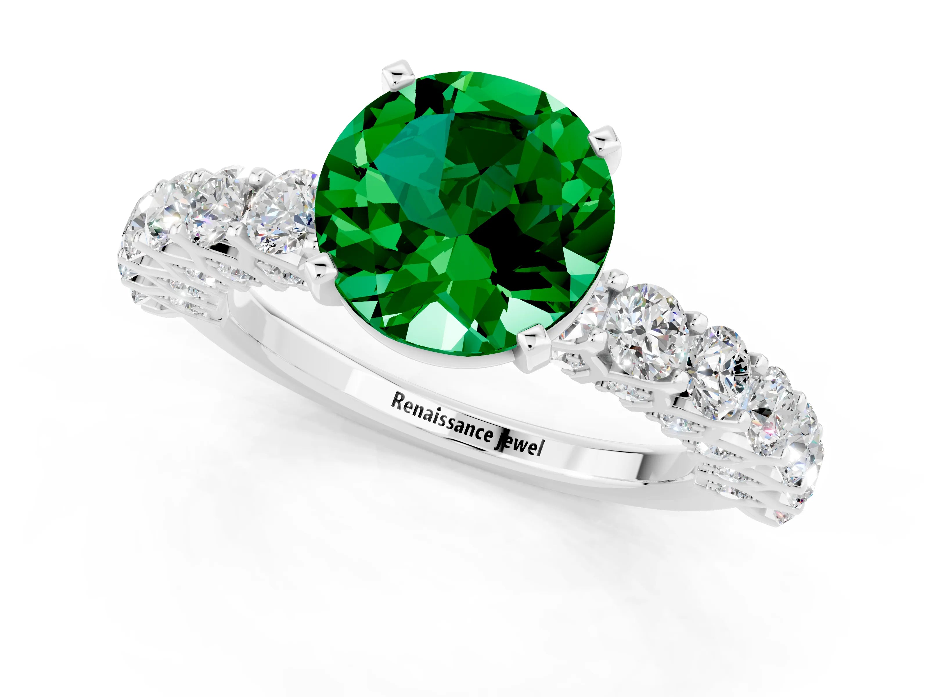 White gold Round Cut Emerald Solitaire Ring with Shared Prong Pavé Band and Four-Prong Setting_1