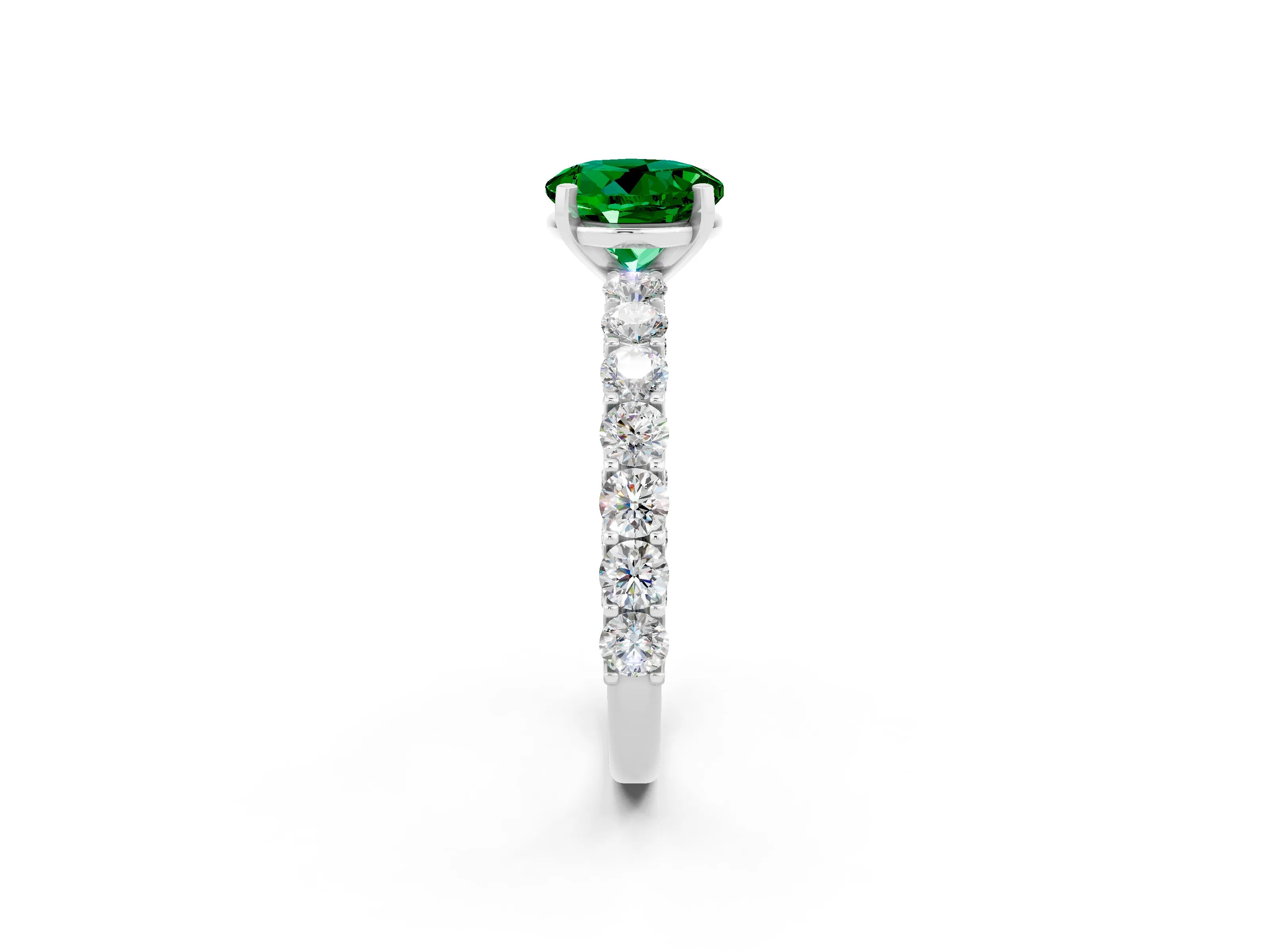 White gold Round Cut Emerald Solitaire Ring with Shared Prong Pavé Band and Four-Prong Setting_2
