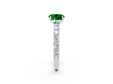 White gold Round Cut Emerald Solitaire Ring with Shared Prong Pavé Band and Four-Prong Setting_2