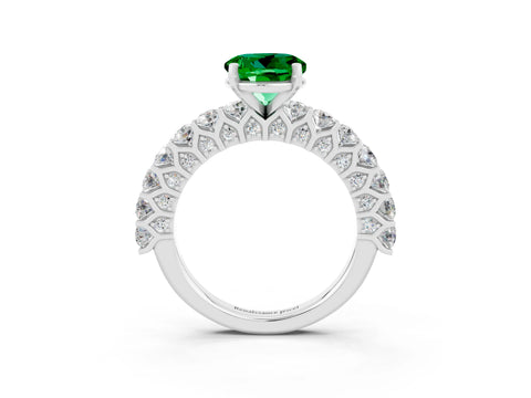 White gold Round Cut Emerald Solitaire Ring with Shared Prong Pavé Band and Four-Prong Setting_3