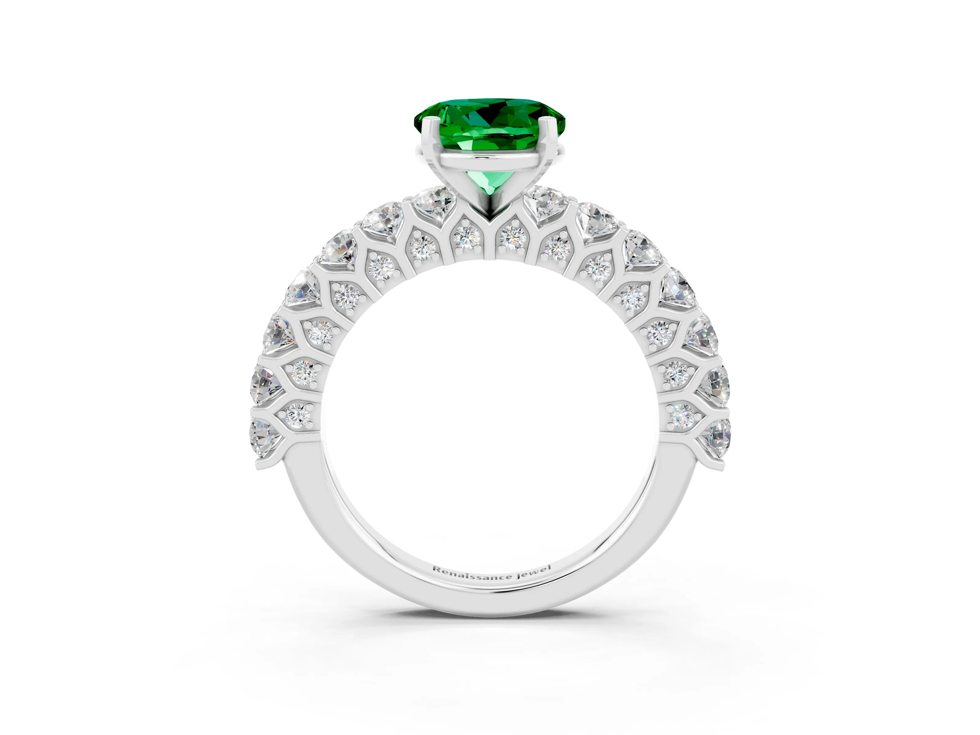 White gold Round Cut Emerald Solitaire Ring with Shared Prong Pavé Band and Four-Prong Setting_3