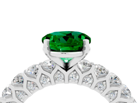 White gold Round Cut Emerald Solitaire Ring with Shared Prong Pavé Band and Four-Prong Setting_4