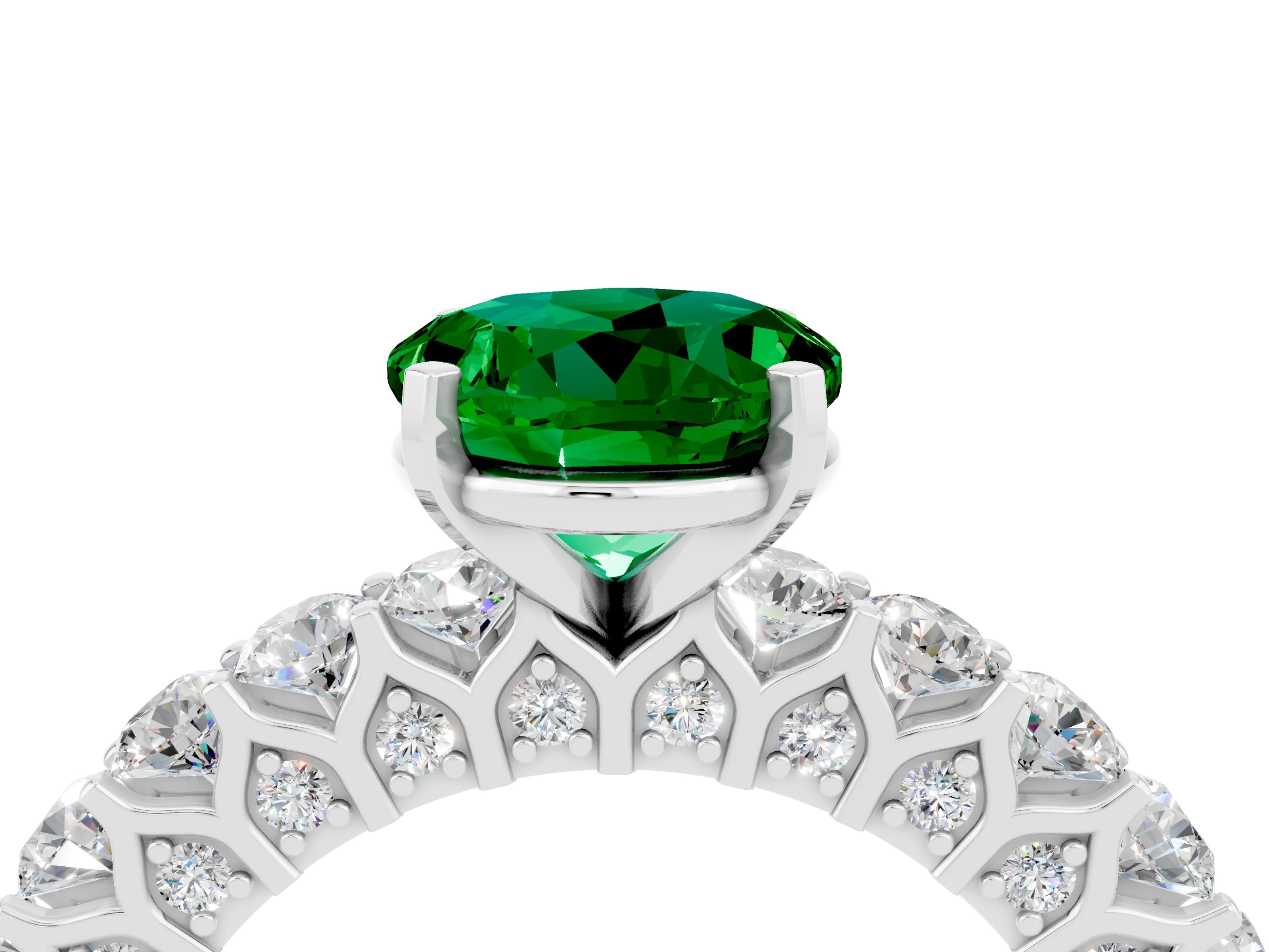 White gold Round Cut Emerald Solitaire Ring with Shared Prong Pavé Band and Four-Prong Setting_4