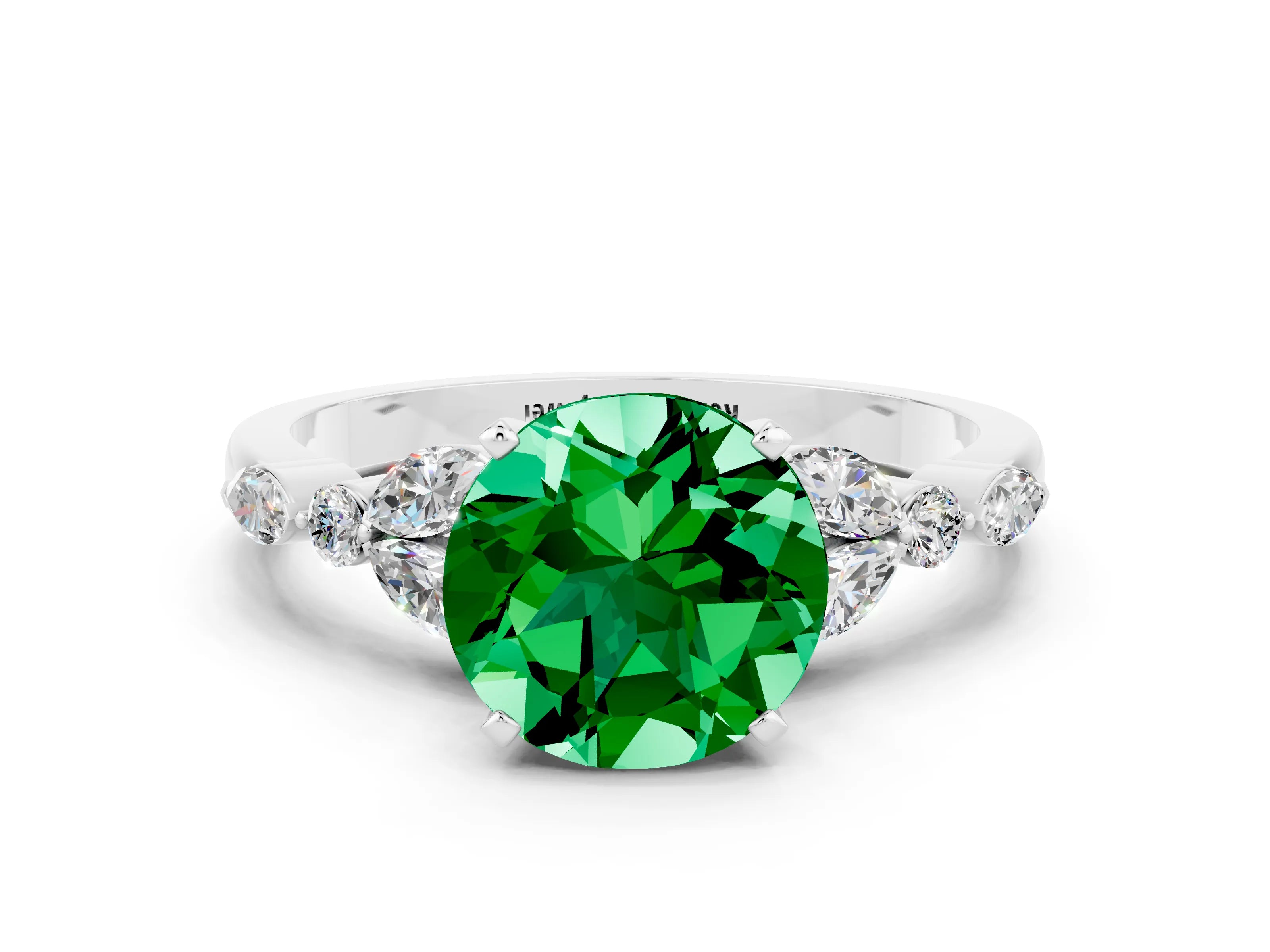 White gold Round Cut Emerald Solitaire Ring with Side Stones and Four-Prong Setting_12