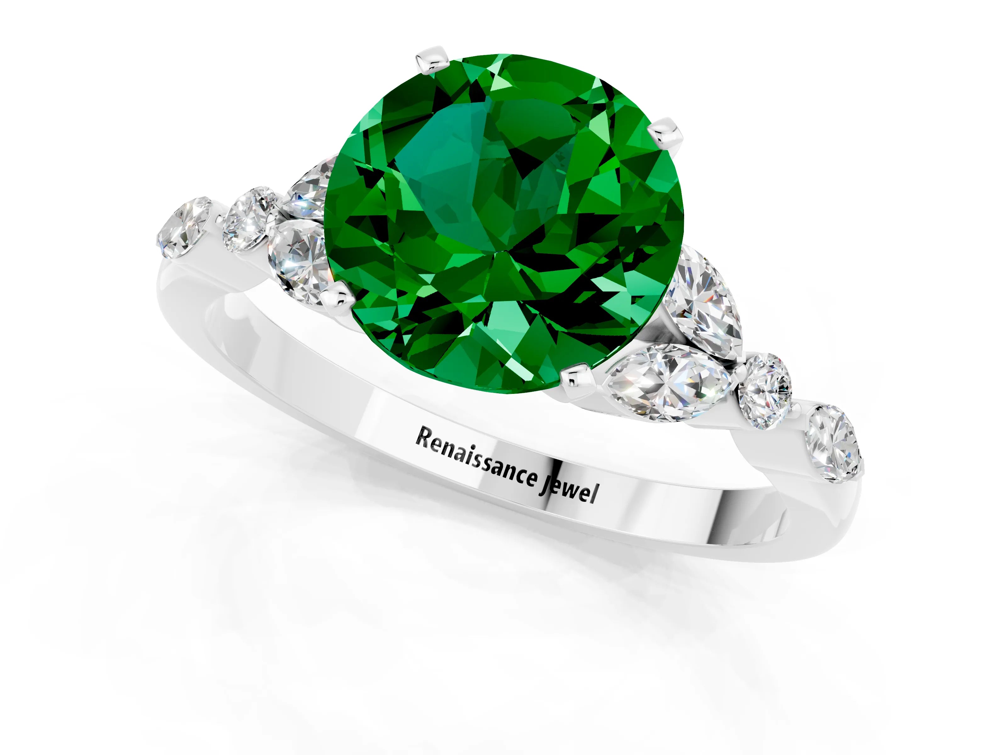 White gold Round Cut Emerald Solitaire Ring with Side Stones and Four-Prong Setting_13