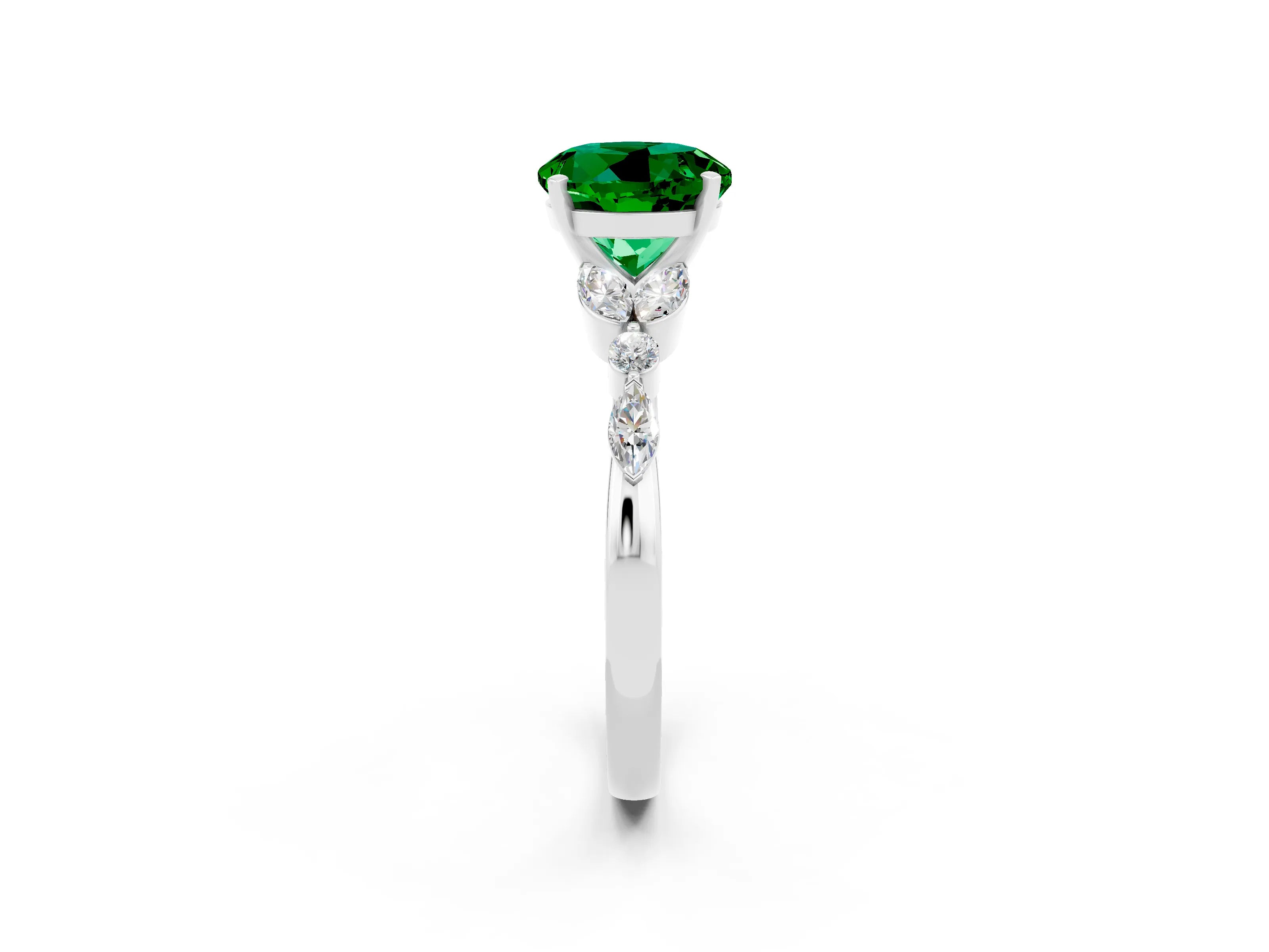 White gold Round Cut Emerald Solitaire Ring with Side Stones and Four-Prong Setting_14