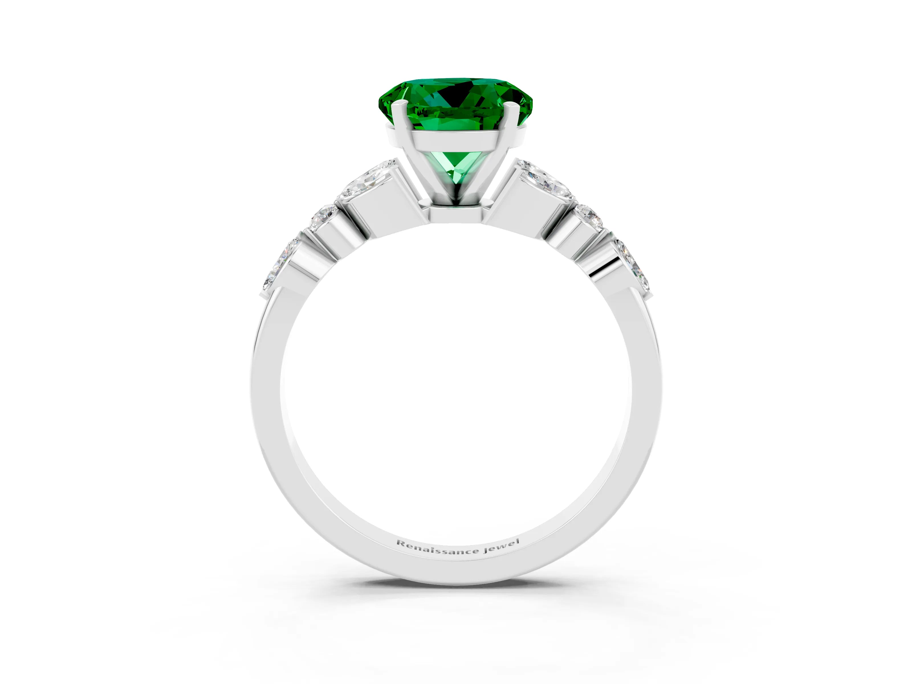 White gold Round Cut Emerald Solitaire Ring with Side Stones and Four-Prong Setting_15