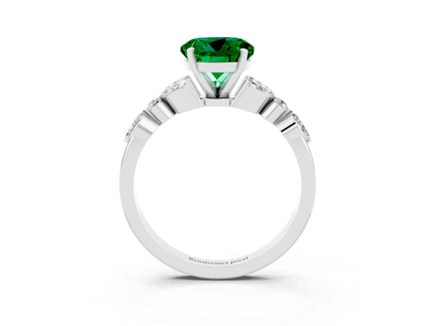 White gold Round Cut Emerald Solitaire Ring with Side Stones and Four-Prong Setting_15
