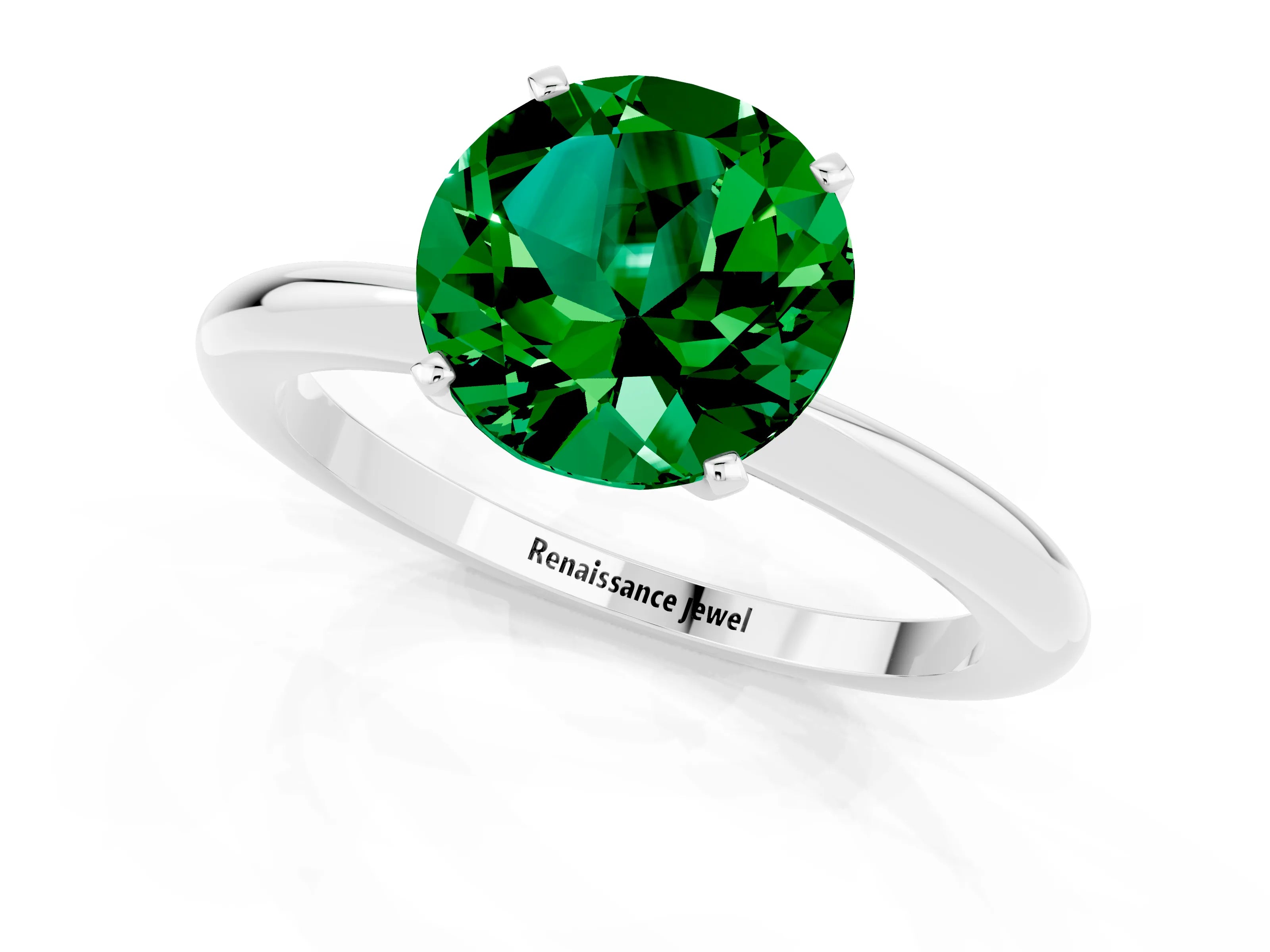 White gold Round Cut Emerald Solitaire Ring with Six-Prong Setting and Classic Band_25