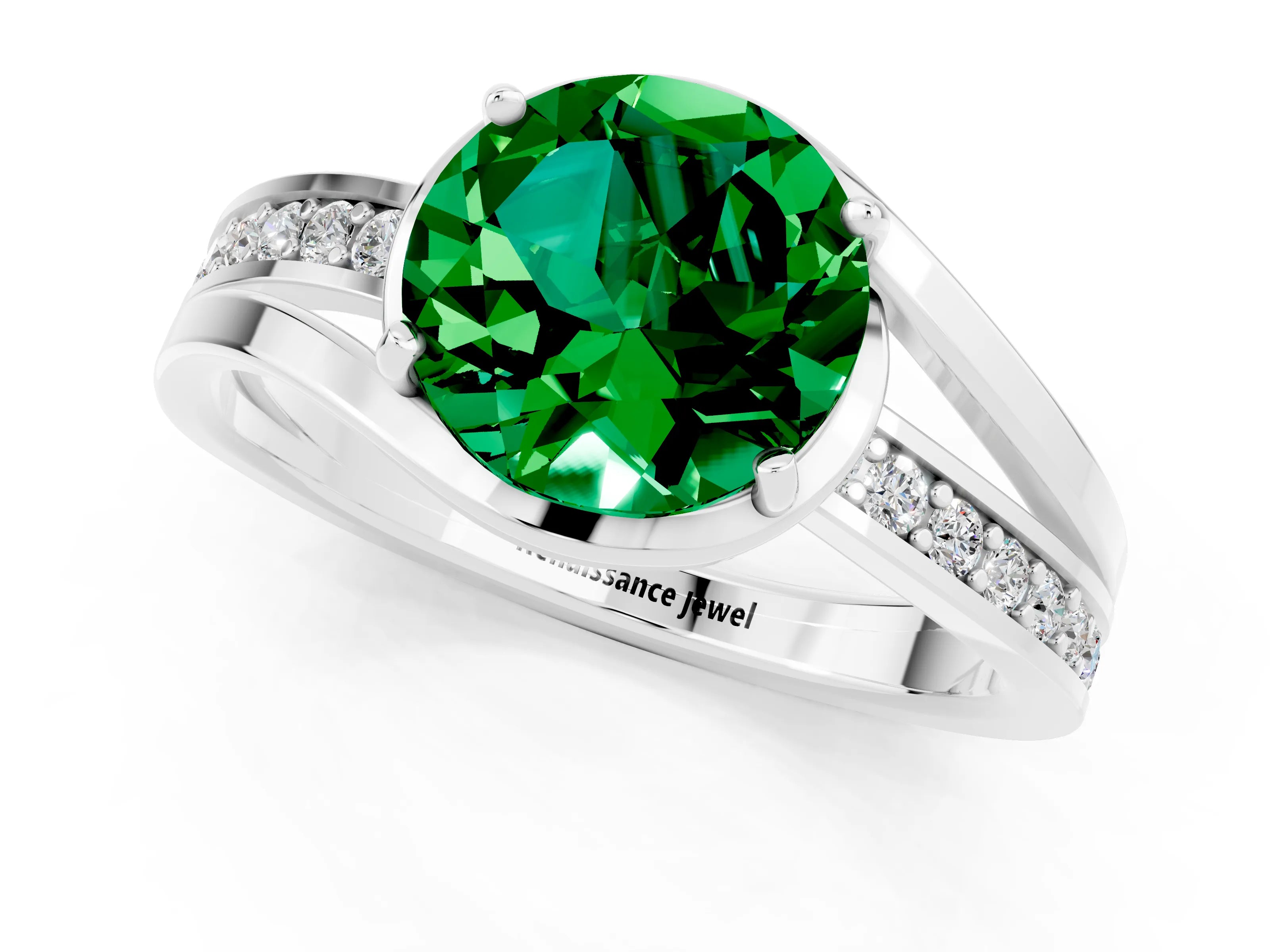 White gold Round Cut Emerald Solitaire Ring with Split Shank and Prong Setting_1