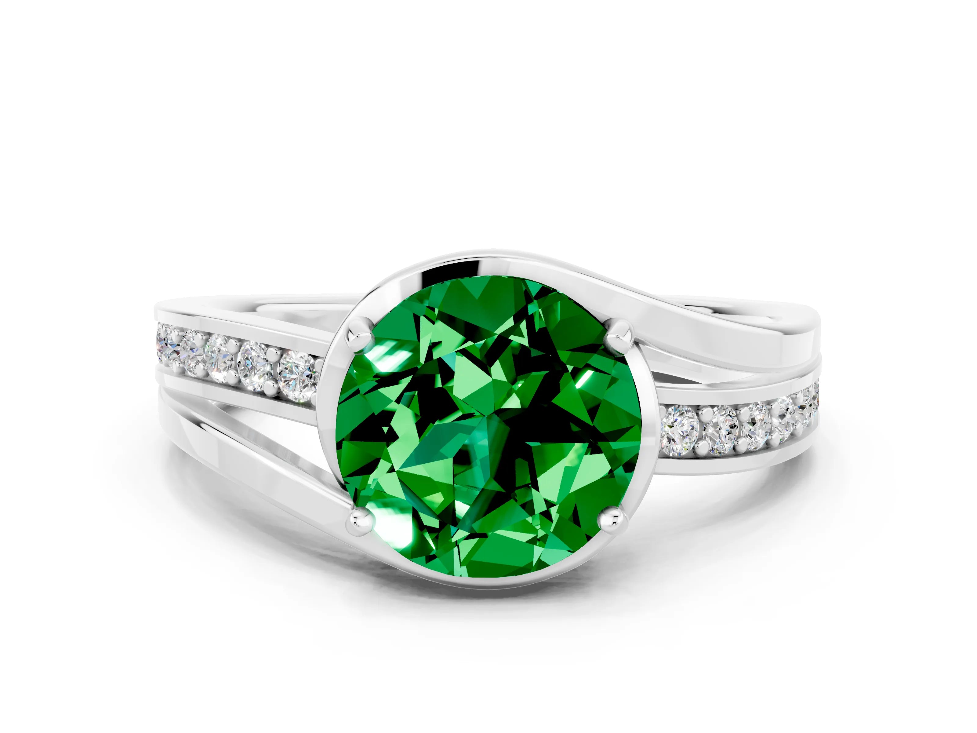 White gold Round Cut Emerald Solitaire Ring with Split Shank and Prong Setting