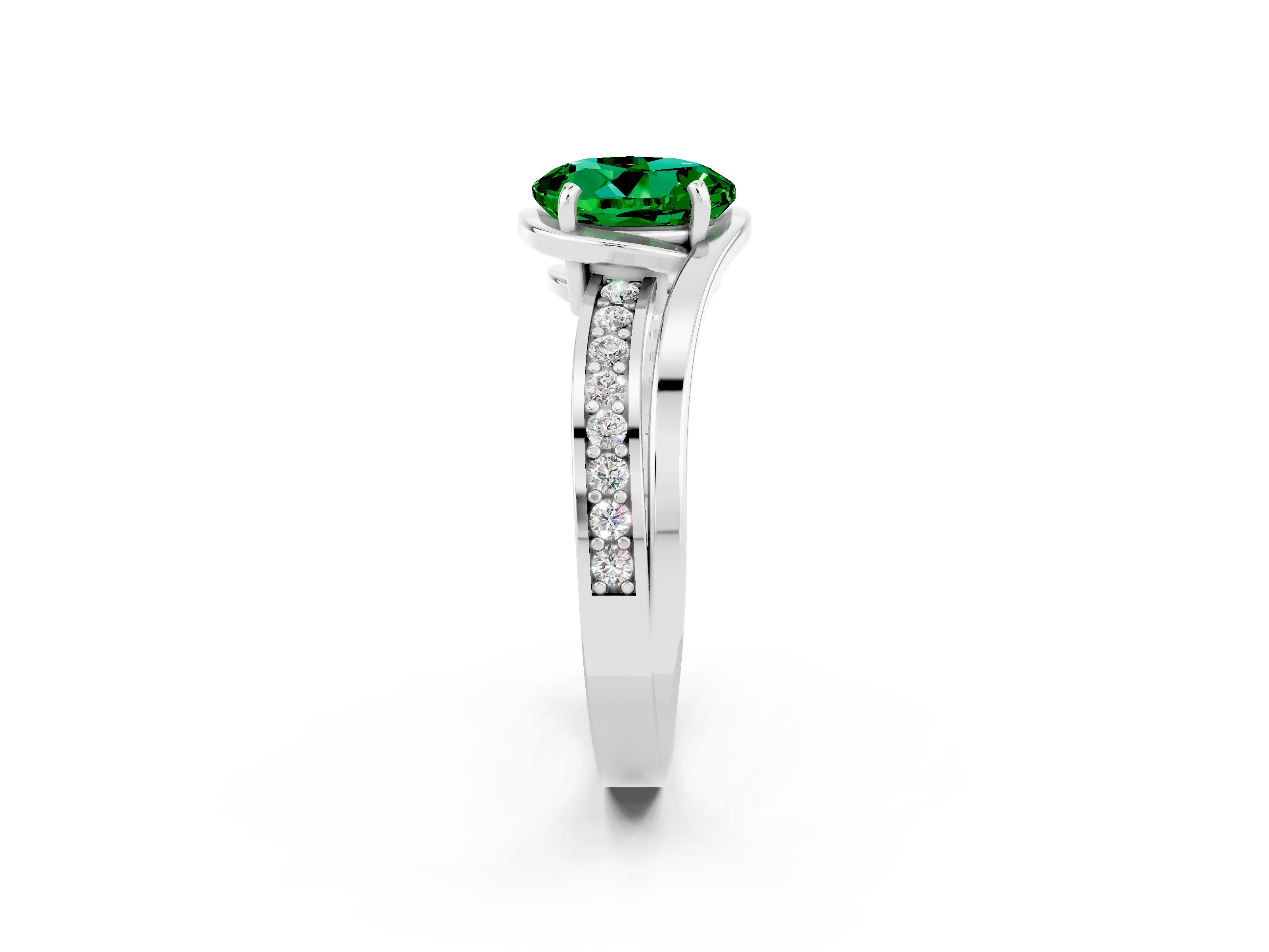 White gold Round Cut Emerald Solitaire Ring with Split Shank and Prong Setting_2