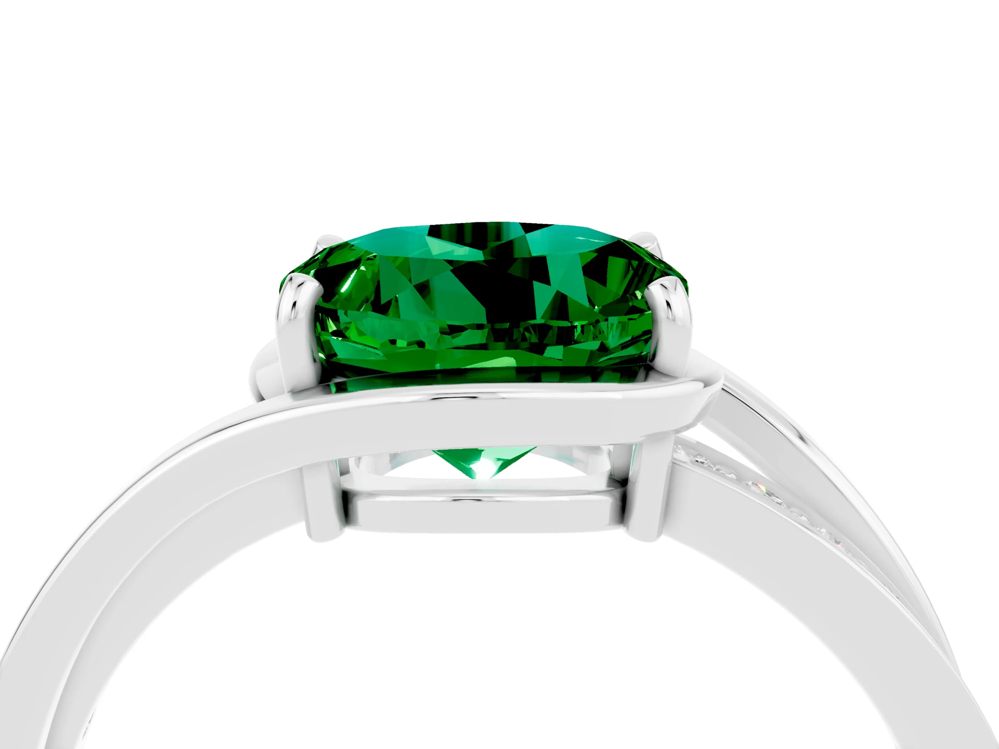 White gold Round Cut Emerald Solitaire Ring with Split Shank and Prong Setting_4