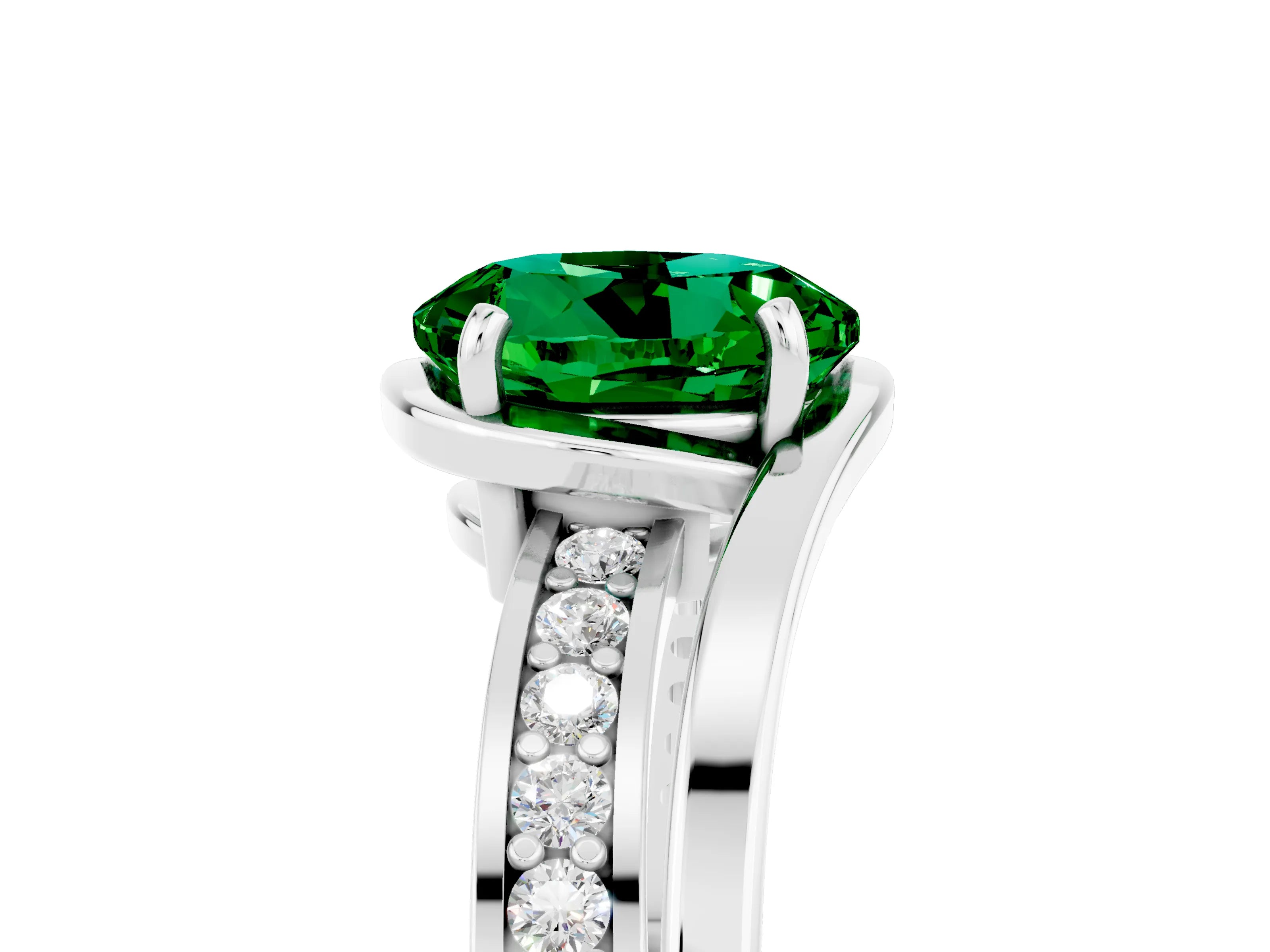 White gold Round Cut Emerald Solitaire Ring with Split Shank and Prong Setting_5