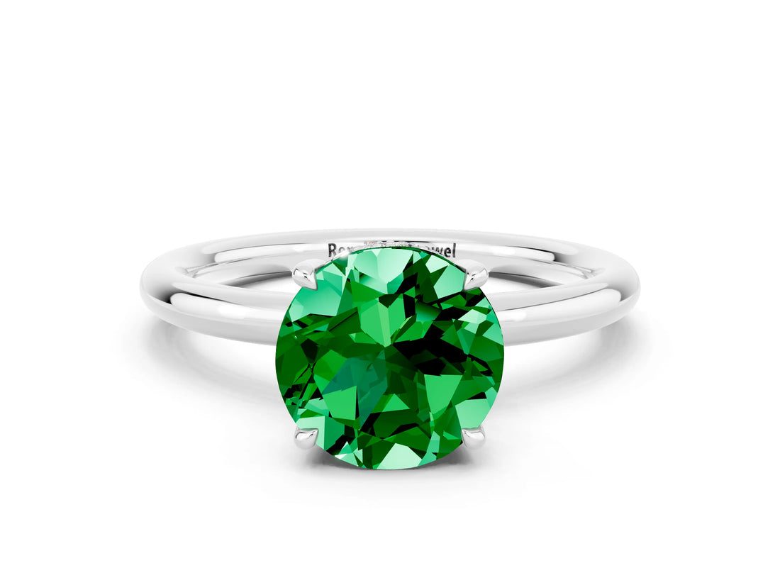 White gold Round Cut Emerald Solitaire Ring with Thin Band and Four-Prong Setting_12