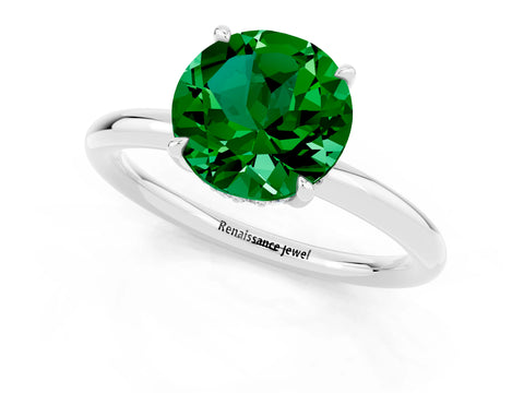 White gold Round Cut Emerald Solitaire Ring with Thin Band and Four-Prong Setting_13