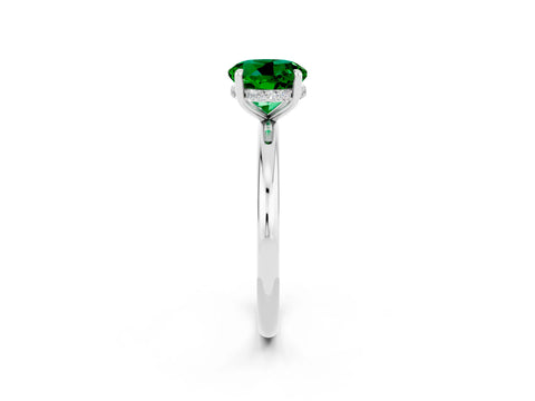 White gold Round Cut Emerald Solitaire Ring with Thin Band and Four-Prong Setting_14