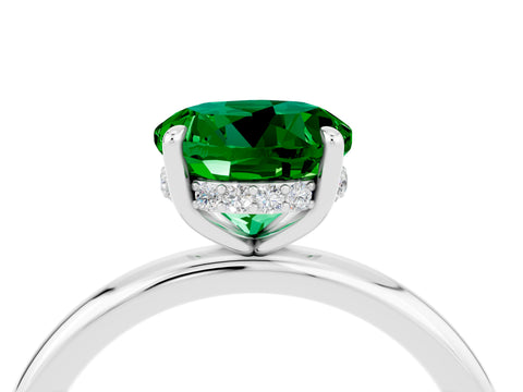 White gold Round Cut Emerald Solitaire Ring with Thin Band and Four-Prong Setting_16