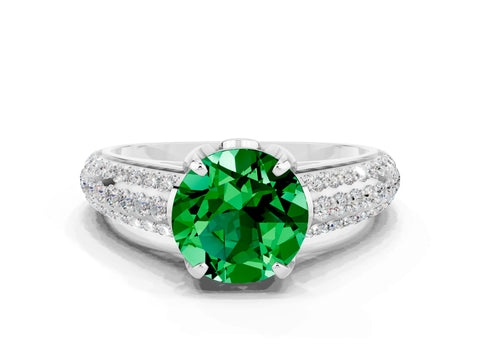 White gold Round Cut Emerald Solitaire Ring with Three-Row Pavé Band and Four-Prong Setting_12