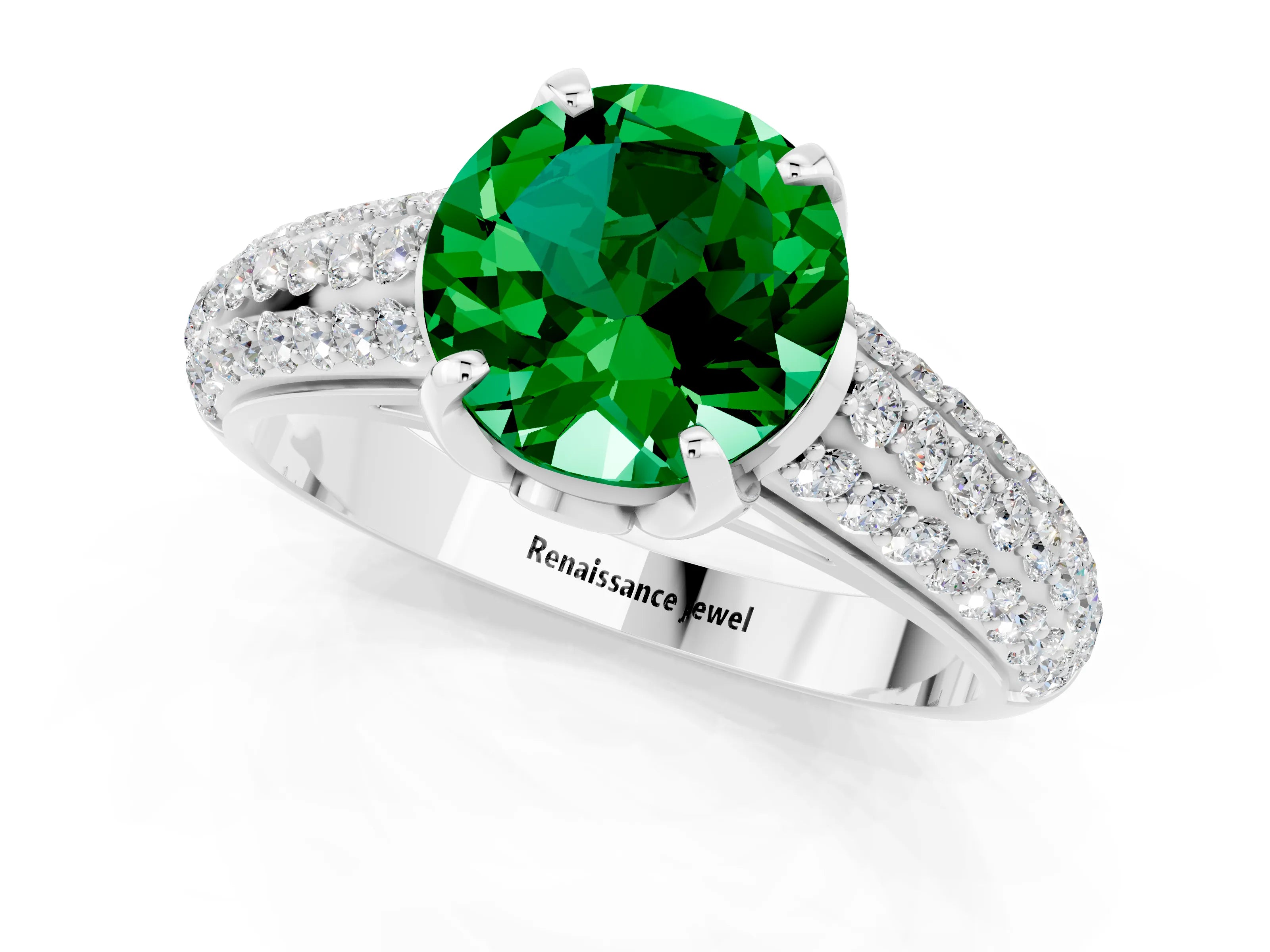 White gold Round Cut Emerald Solitaire Ring with Three-Row Pavé Band and Four-Prong Setting_13
