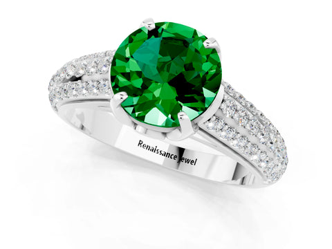 White gold Round Cut Emerald Solitaire Ring with Three-Row Pavé Band and Four-Prong Setting_13