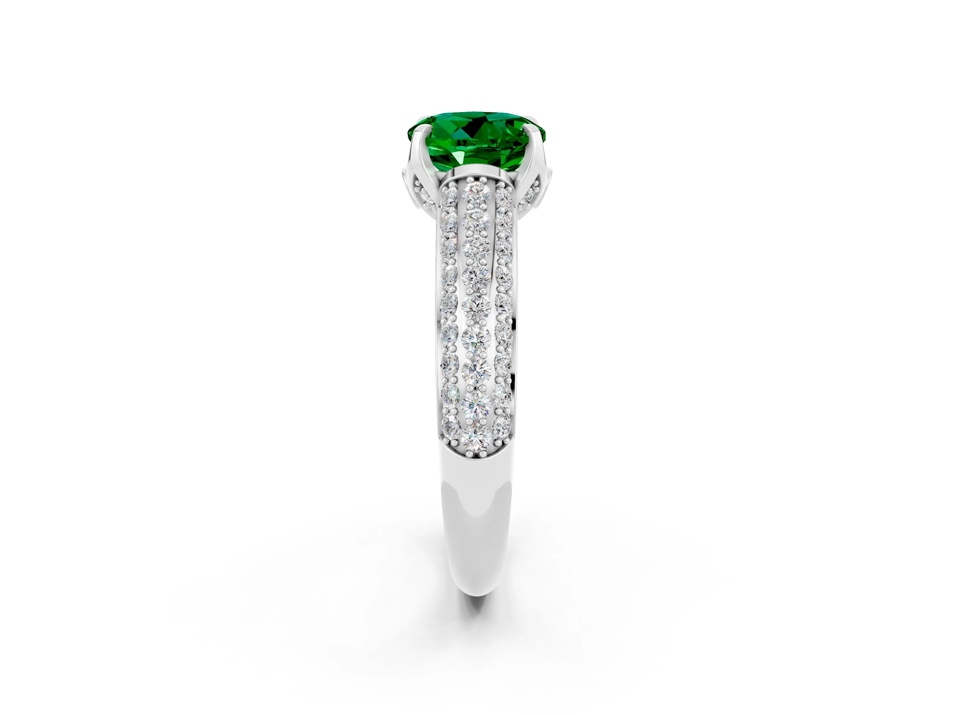 White gold Round Cut Emerald Solitaire Ring with Three-Row Pavé Band and Four-Prong Setting_14