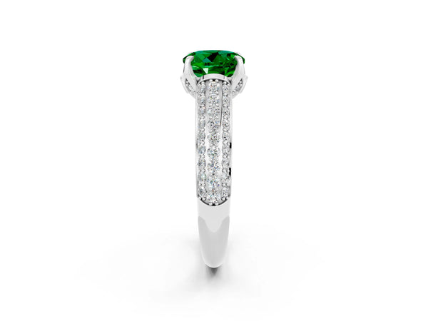 White gold Round Cut Emerald Solitaire Ring with Three-Row Pavé Band and Four-Prong Setting