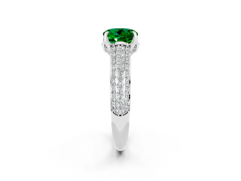 White gold Round Cut Emerald Solitaire Ring with Three-Row Pavé Band and Four-Prong Setting_14