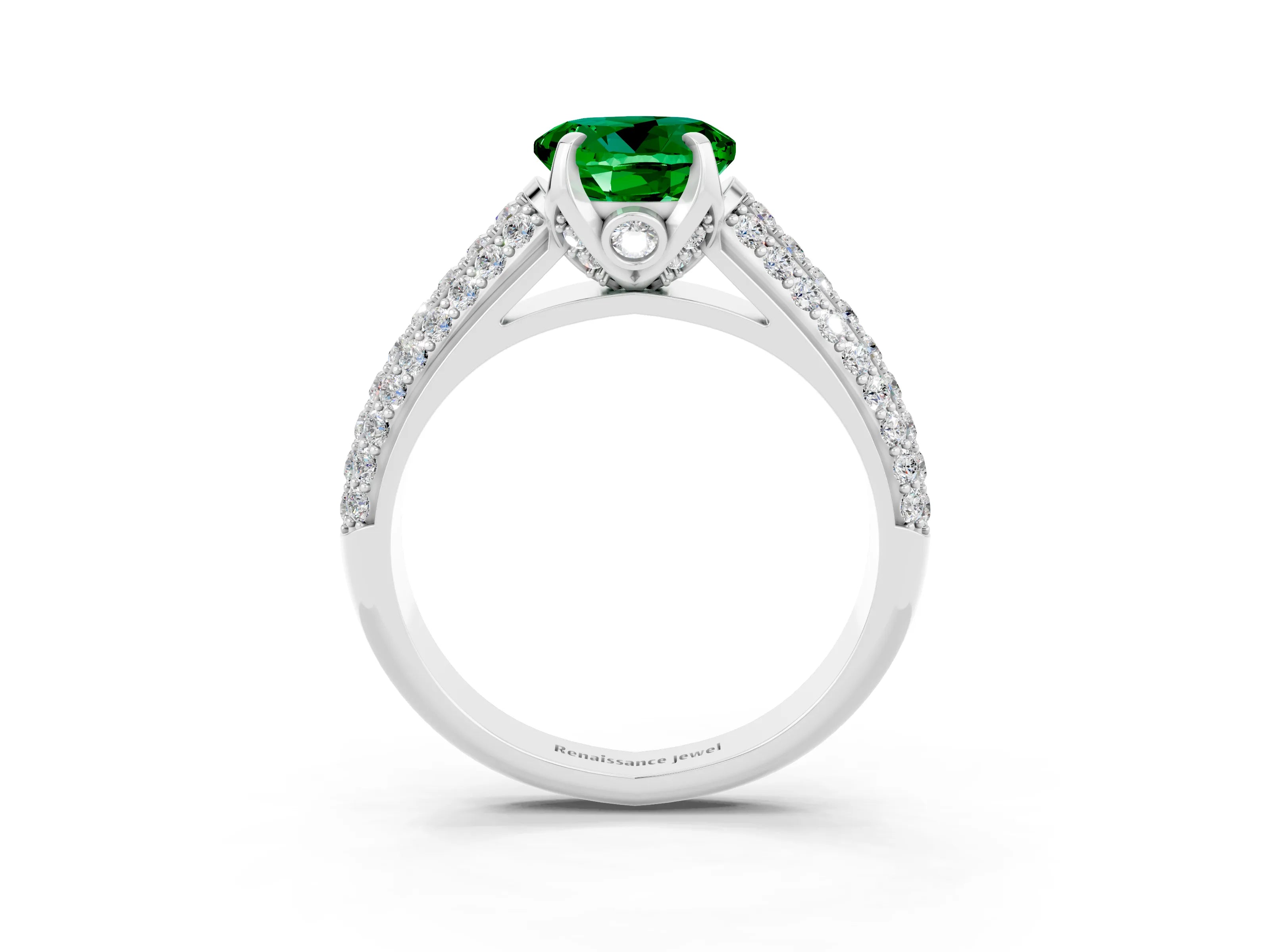 White gold Round Cut Emerald Solitaire Ring with Three-Row Pavé Band and Four-Prong Setting_15