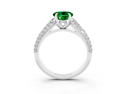 White gold Round Cut Emerald Solitaire Ring with Three-Row Pavé Band and Four-Prong Setting_15